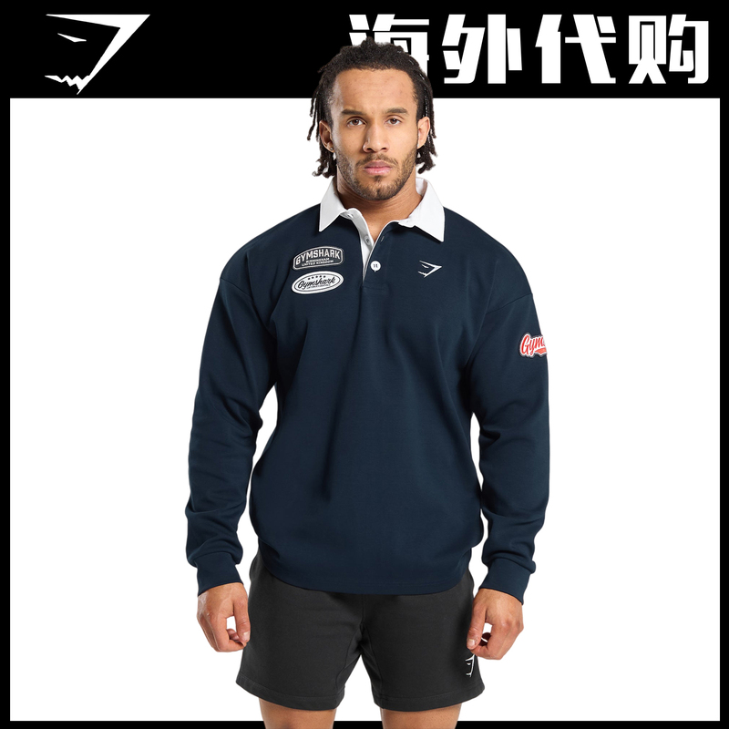Gymshark Rugby Shirt Men's Heavy Cotton Rugby Polo Shirt Retro Fitness Loose Top Long Sleeve