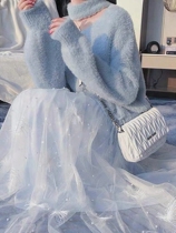 Autumn Winter New Ocean Gas Network Red Fried Street Fairy air mink wool hanging neck sweater mesh yarn half body dress Two suits women