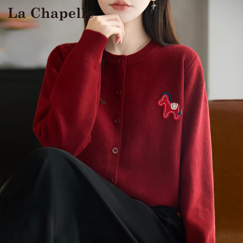 La Chapelle Zodiac Year Clothing with Pony Pattern Knitted Cardigan for Women, Spring and Autumn Fashion, Plus Size, Autumn and Winter Red Sweater