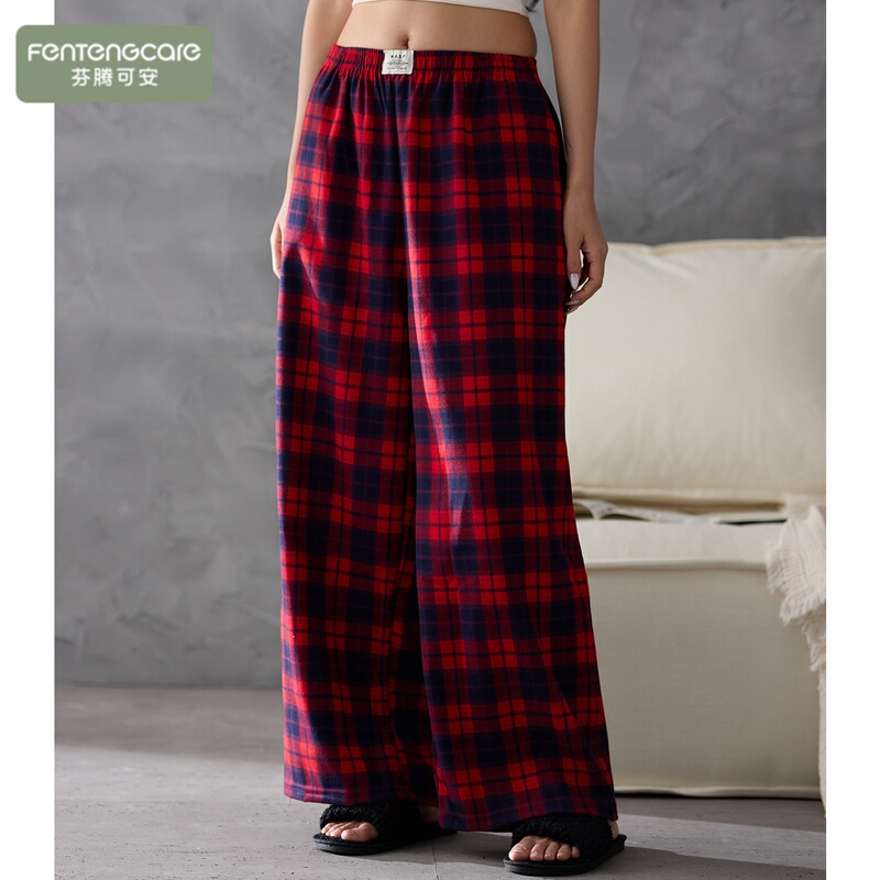 Fenteng Ke'An Pure Cotton Comfortable Loose Long Pants Sleep Pants for Women, Can Be Worn Outside, Vintage Red Plaid Walking Pants, Loungewear Pants