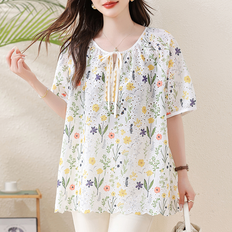 September Momo Elegant Hollow Embroidery Short-Sleeve Shirt European Style New Shirt 2026 Summer Plus Size Loose Blouse September Momo Elegant Hollow Embroidery Short-Sleeve Shirt European Style New Shirt 2026 Summer Plus Size Loose Blouse