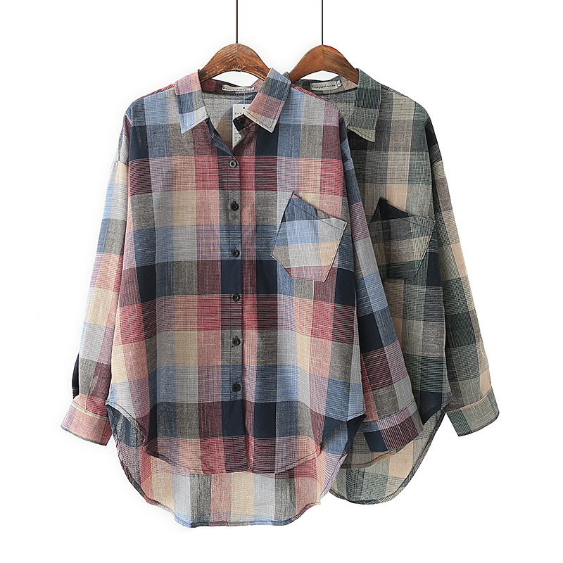 Spring and autumn checkered long sleeve shirt female midyear Gats up overweight women's clothes Fat mom 200 catty wearing autumn shirt jacket