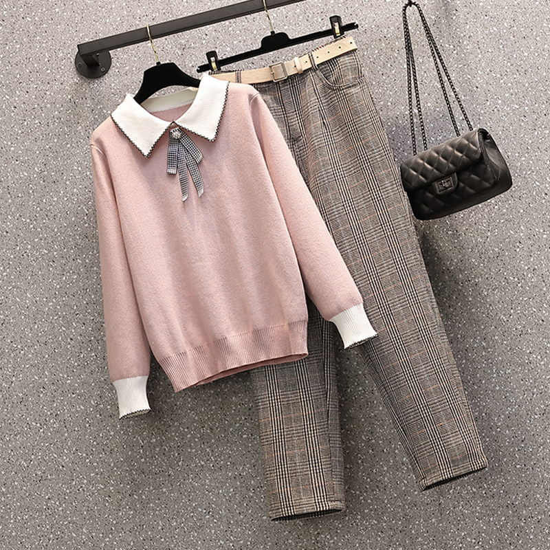 Middle Age Large Size Women's Dress Fat Moms Autumn Winter New Display Slim Knit Sweater Trousers Suit of Flesh Minus two sets