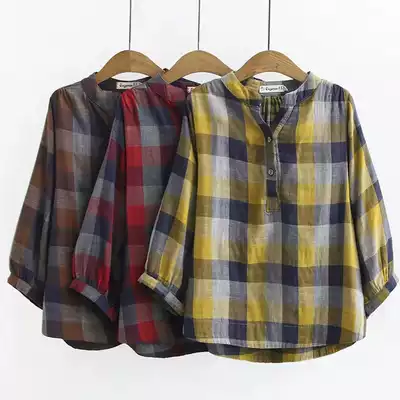 2021 autumn dress middle-aged cotton linen plaid short sleeve T-shirt loose fashion foreign school mother dress national style shirt female summer