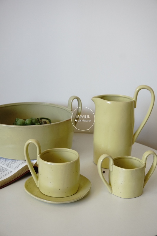Danish Ferm Living Flow Yellow Sesame Glaze Vintage Large Ear Ceramic Mug with Double Handles and Saucer Pot