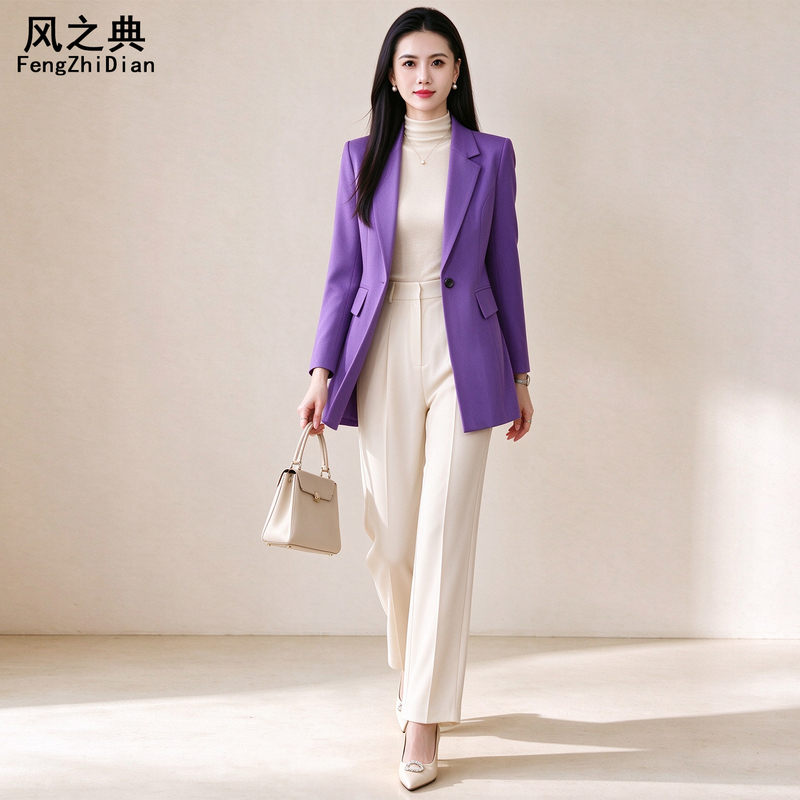 Purple Mid-Length Blazer, Spring and Autumn 2026 New Style, High-End, Loose-Fitting, Elegant Top, Professional Casual Suit