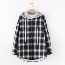 Jade 1 junior high school student plus velvet shirt with hat spring and autumn dress plaid shirt middle length Big Child womens clothing