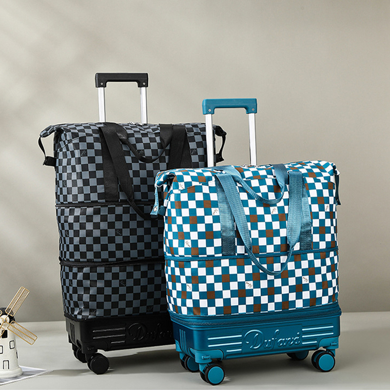 Folding Trolley Luggage Bag for Short-Distance Business Trips, Silent Spinner Wheels, Checkerboard Pattern, Stylish, Expandable, Large Capacity Travel Suitcase