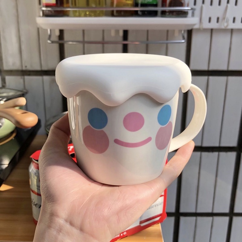 Korea ins Fengyun flower smiley girl household cute high-value ceramic mark water cup with lid and spoon