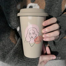 Original design high-value girl heart ins Wind household ceramic with lid with Spoon Straw coffee handy mug
