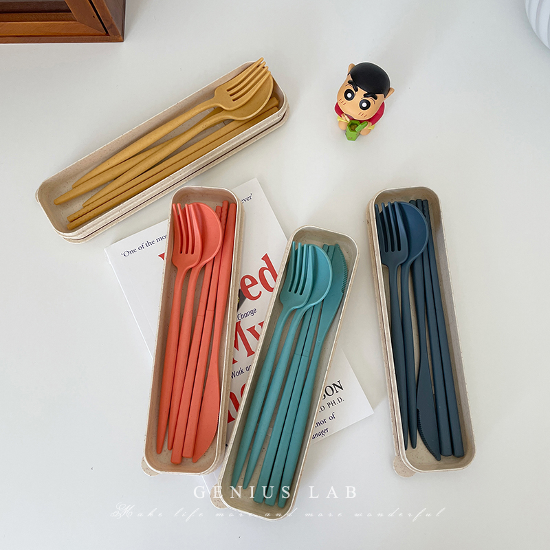 ins wheat straw out portable cutlery four-piece set fork chopsticks spoon suit student to work single use