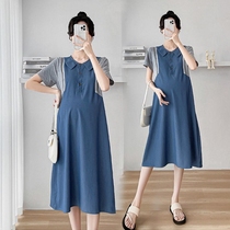 Radiation-proof maternity wear summer pregnancy clothes silver fiber bellyband fashionable lapel denim dress