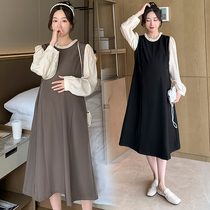 Radiation-proof maternity clothing for autumn pregnancy silver fiber bellyband round neck splicing fake two-piece dress