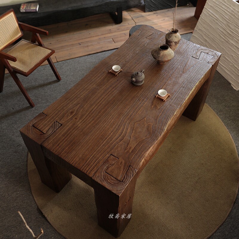 Wabi-Sabi Style Vintage Guesthouse Weathered Old Wood Zen Tea Table Natural Wood Pedestal Tea Table Mortise and Tenon Solid Wood Dining Table