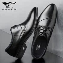 Seven Wolves Mens Shoes Spring Genuine Leather Shoes Casual Korean Version Laces Wave Shoes Men Business Dress With Pointed Leather Shoes Man