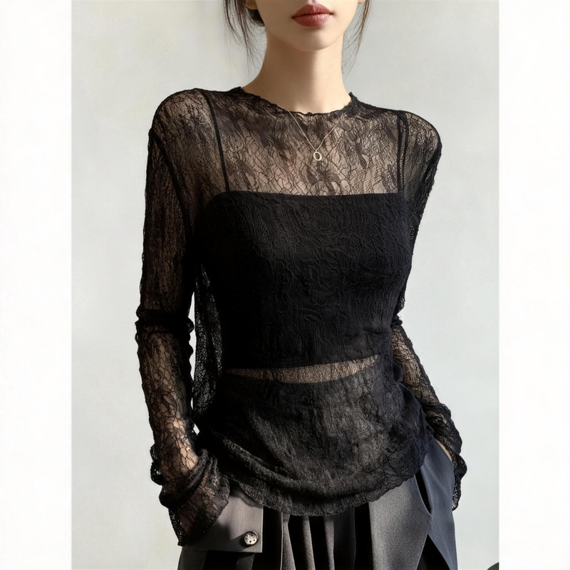 Designed Lace Hollow-Out Long-Sleeve T-Shirt for Women, Spring and Autumn, Plus Size, for Chubby Girls, Black Slightly Sheer Sheer Gauze Base Shirt Top