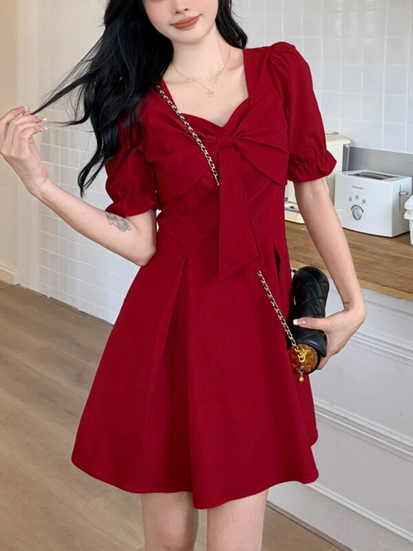 Plus Size Fat Girl French Style Bow Red Dress Women's Summer High-End Engagement Dress Design A-Line Skirt Plus Size Fat Girl French Style Bow Red Dress Women's Summer High-End Engagement Dress Design A-Line Skirt
