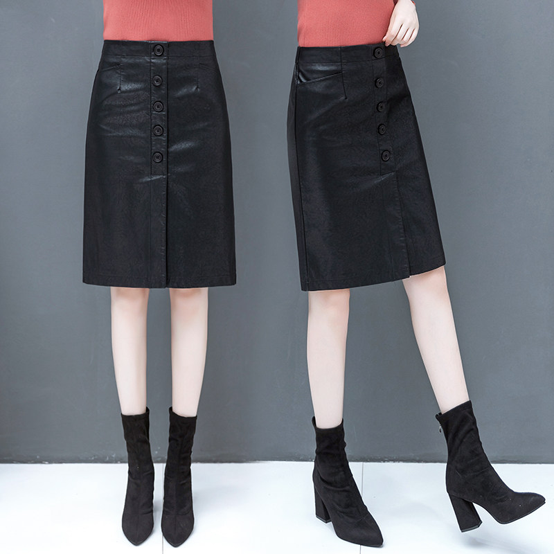 Leather skirt women's mid-length version 2022 spring, autumn and winter new style package hip thin PU leather short skirt fashion plus velvet thick skirt