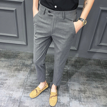 Casual pants mens vertical stripes ankle-length pants slim summer new Korean trend small feet 9 thin trousers