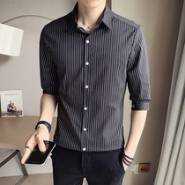 Summer striped shirt mens short sleeves Korean trend Half sleeve business leisure slim mens shirt middle sleeve black