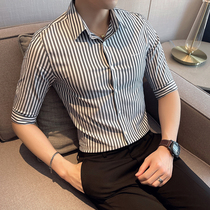 2021 summer slim shirt mens seven-point sleeve Korean trend handsome striped shirt short sleeve business and leisure