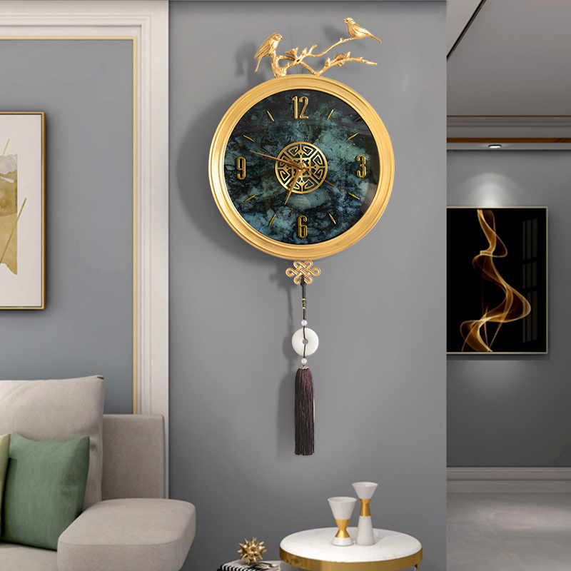 New Chinese pure copper wall clock living room European style silent clock home fashion light luxury clock sofa background wall wall hanging watch
