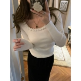 Трикотажный приятный телу свитер из жемчуга, с вышивкой, три цвета