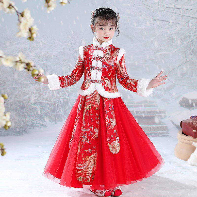 Happy Bala Hanfu girls autumn and winter Chinese style Tang suit winter New Year festive clothes New Year clothes New Year clothes children
