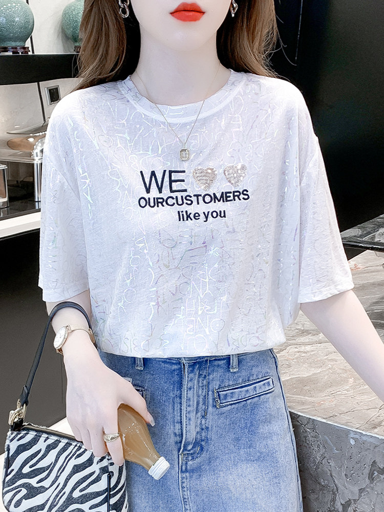 白色冰丝短袖t恤女夏季薄款2026年新款韩版时尚宽松纯棉印花上衣