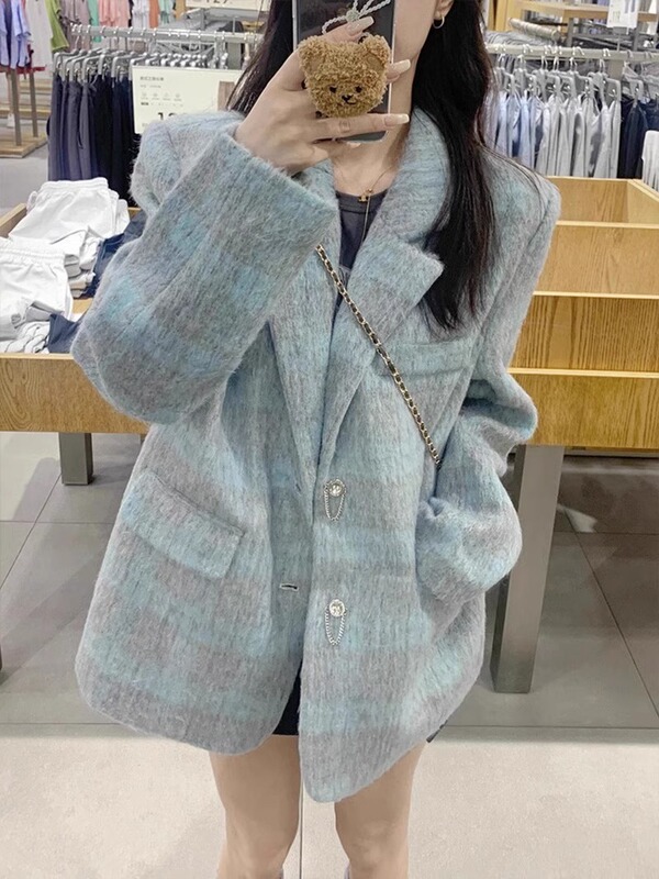 Korean-Style Plaid Woolen Blazer for Women, Spring and Autumn, Unique Design, High-End Chic Suit Jacket, Trendy Top