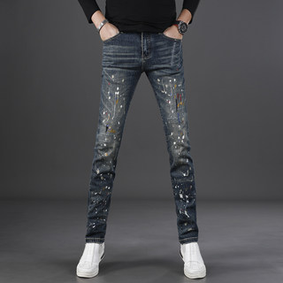 秋季潮牌泼漆个性牛仔裤男2025新款秋季百搭修身小脚裤男生长裤子