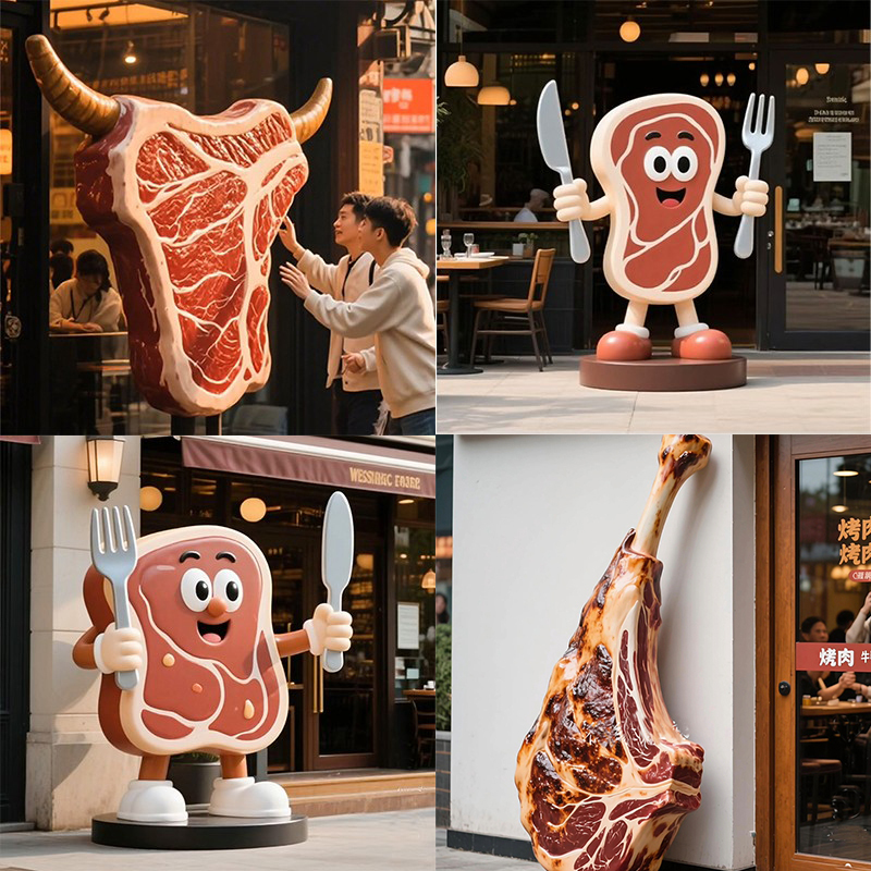 Outdoor Door Head Sculpture of Cartoon Beef Steak, Beef Sculpture for Western Restaurant, Barbecue Shop, Wall, Doorway, Door Head Decoration Ornament