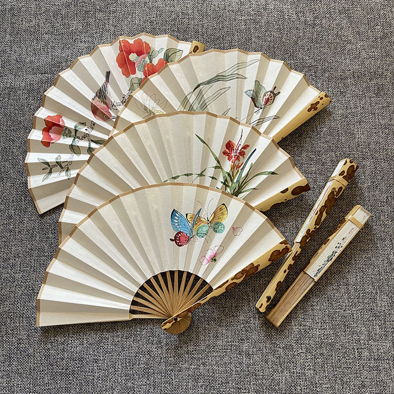 5 inches 6 mini hand-painted meticulous painting Meifei fan men and women folding fan mottled bamboo fan rice paper sprinkling gold fan text play collection fan