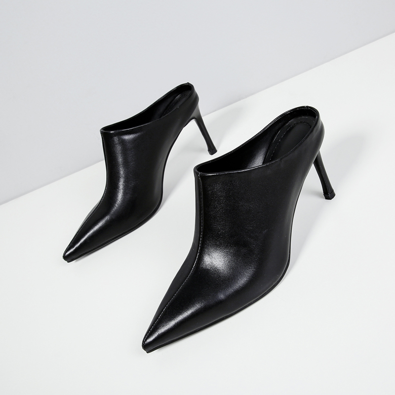 Spring Genuine Leather Half-Slippers, Women's Outerwear Fashion Niche High-End High-Heeled Shoes, Stiletto Pointed Toe Closed-Toe Sandals
