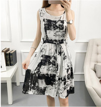 Cotton silk sleeveless short dress fashion outerwear large size floral dress ladies small mid-length summer