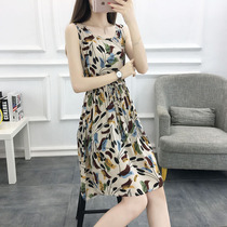 New style large size floral skirt seaside fashion outerwear beach skirt sleeveless printed cotton silk dress mid-length summer
