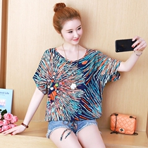 2020 summer new printed cotton silk short-sleeved top womens large size 200 catties bat shirt middle-aged and elderly mothers small shirt