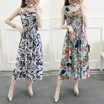 Cotton silk dress womens summer 2020 new Korean version of the mid-length large size slim drawstring floral sleeveless sundress