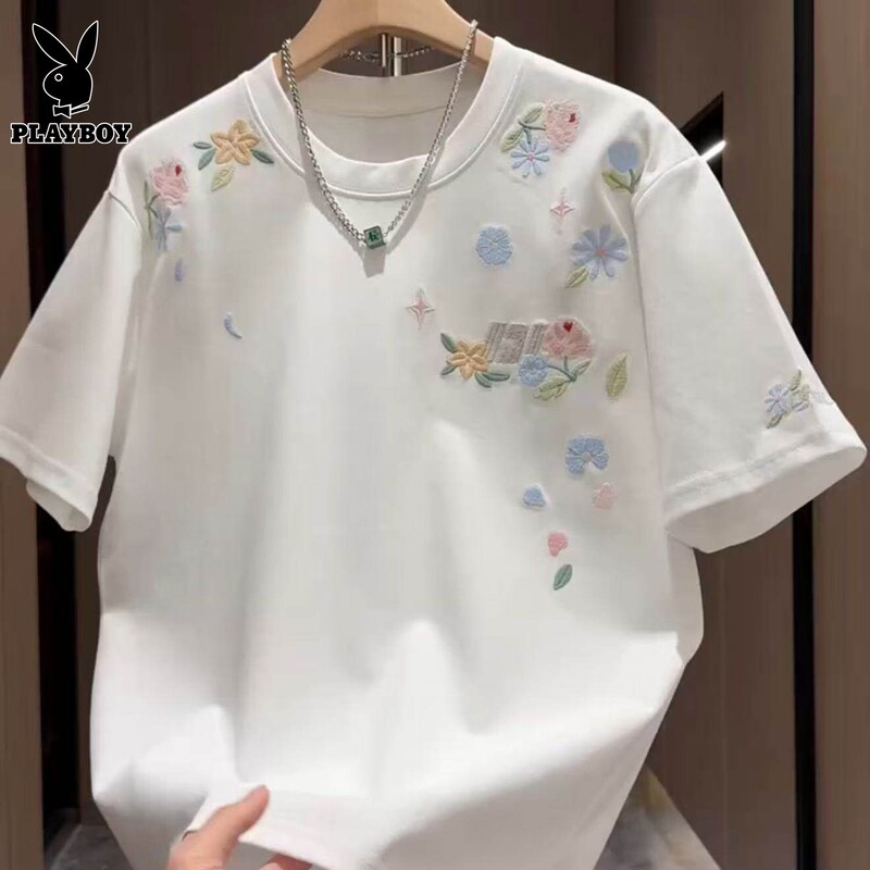 Playboy Embroidered Floral Short-Sleeved T-Shirt for Men 20226 Summer New Trendy Loose Casual Half-Sleeved Top Playboy Embroidered Floral Short-Sleeved T-Shirt for Men 20226 Summer New Trendy Loose Casual Half-Sleeved Top