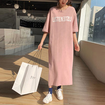 Summer Korea rear open fork letter t-shirt female short sleeve overlong style with knee loose big code sloth and dress long dress