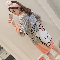 Winter coral velvet pajamas women long sleeves sweet and cute cartoon autumn and winter flannel one nightgown women long warm