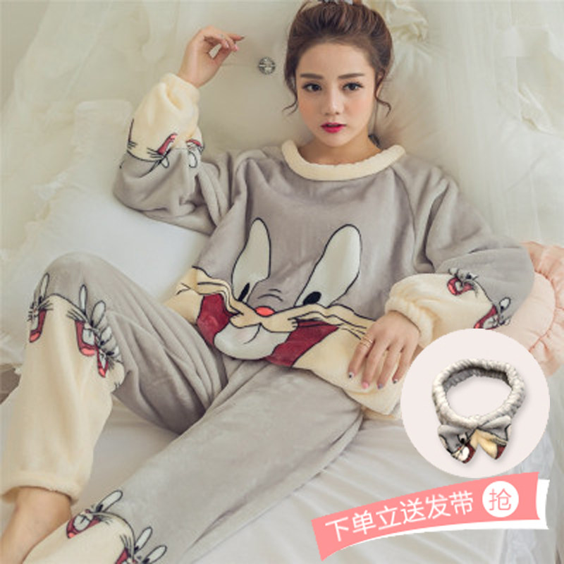 Pajamas Woman Coral Velvet Fall Winter Thickness Lovely Sleeve Warm and Han Version Winter Flnnel Home Clothes