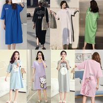 Sleeping Skirt Woman Summer Pure Cotton Short Sleeve Han Edition Fresh Students Sweet And Cute Mid-Length Skirts Loose Big Code Sleepwear Women Summer