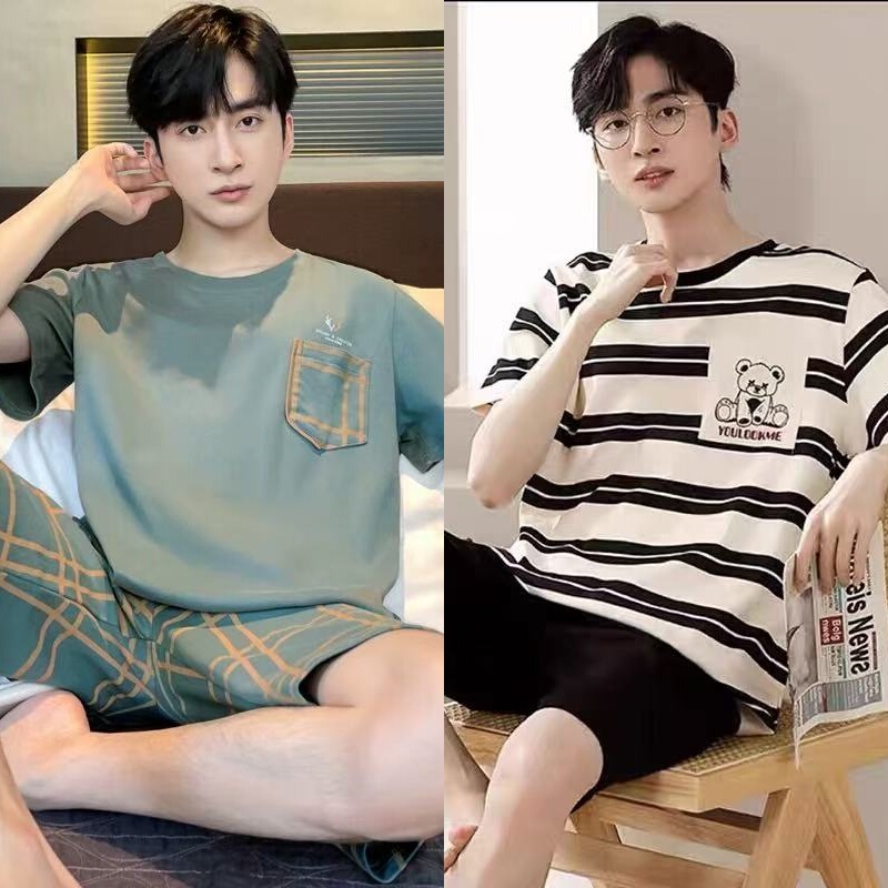 Men's Pajamas Pure Cotton Short-Sleeved Summer Thin Cartoon Student Summer Men's Youth Large Size Home Clothes Set