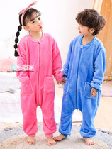 Children cartoon one-piece anti-kick pajamas boys and girls flannel autumn and winter thickened winter coral velvet winter plus Velvet