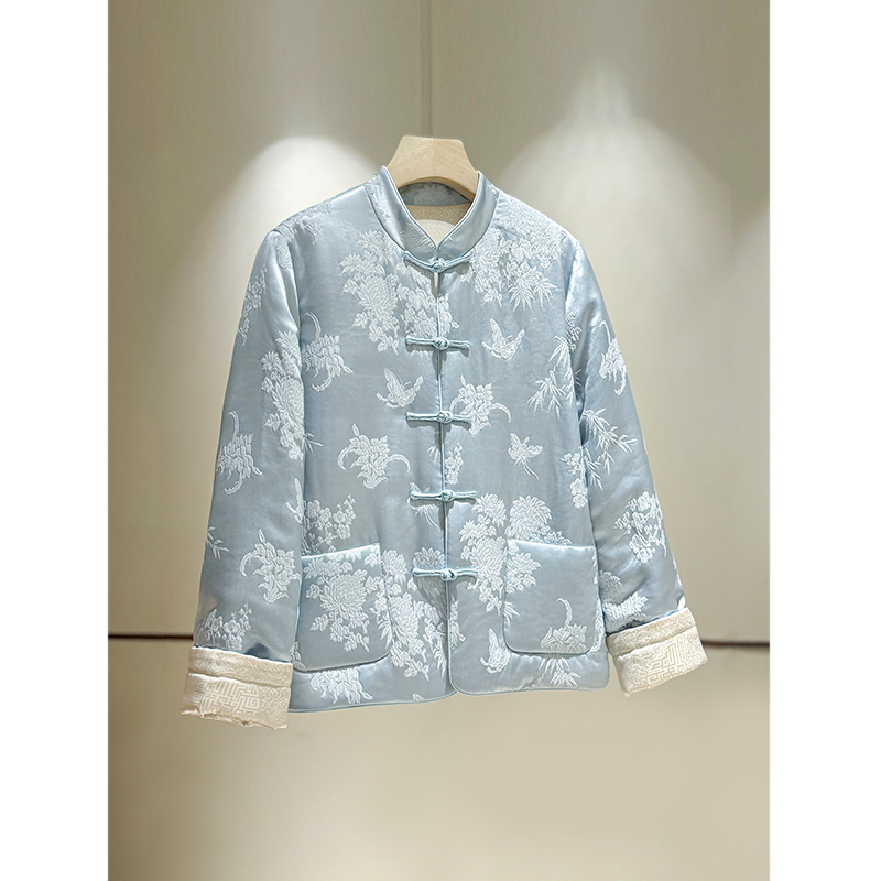 Silk Chinese-Style New Thin Cotton Jacket for Women, Winter 2024 New Model, Stand Collar, High-End Feel, Mulberry Silk Tang Suit Cotton Coat