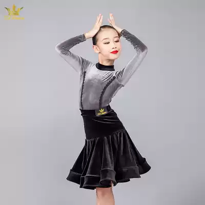 Latin dance clothing girls Children's autumn and winter practice clothes Net red art test new long sleeve fish bone skirt children's suit