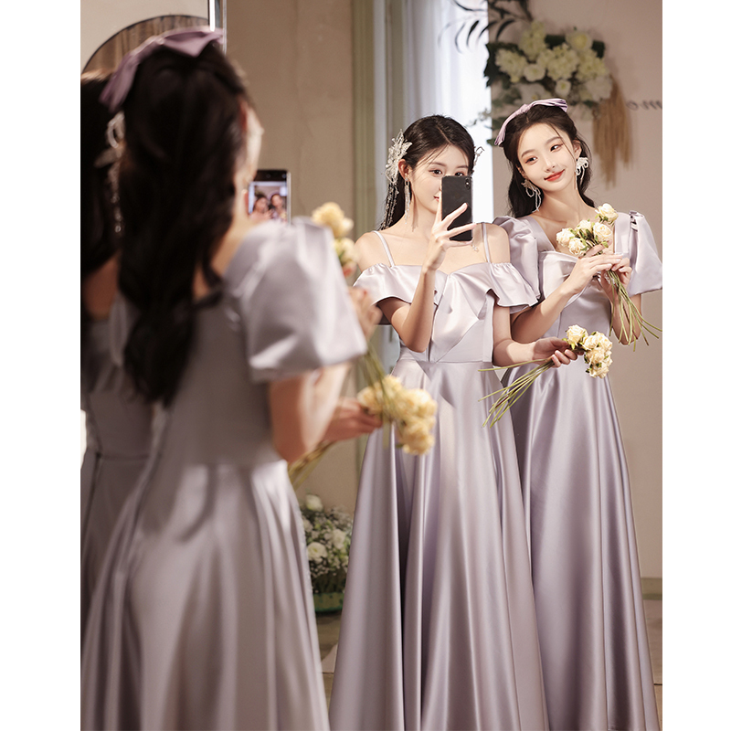 Bridesmaid Dress 2026 Spring and Autumn New Style Satin High-End Wedding Sister Group Evening Dress Women's Gray-Purple Performance Dress Bridesmaid Dress 2026 Spring and Autumn New Style Satin High-End Wedding Sister Group Evening Dress Women's Gray-Purple Performance Dress