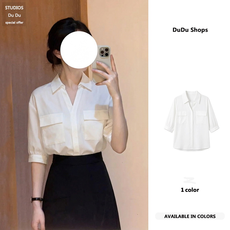 Summer New Style French White Shirt with V-Neck, Lapel, Double Pockets, Mid-Sleeve, Suitable for Commuting, Professional Interviews, Formal Wear, Loose-Fitting Shirt