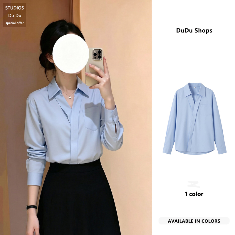Blue Long-Sleeved Shirt for Women, New Autumn Style, Suitable for Commuting, Professional Attire, Interview, V-Neck, Elegant, Sophisticated, Simple Shirt
